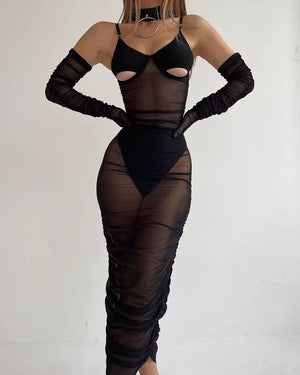 Vestido Transparente Sensual + Sutiã Recorte Underboob