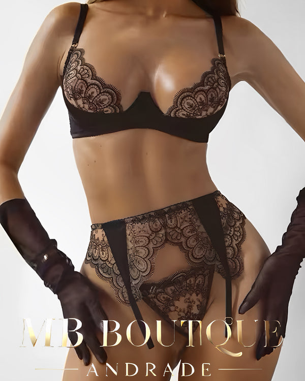 Conjunto Renda Transparente com Luvas – Luxo, Sedução e Sofisticação