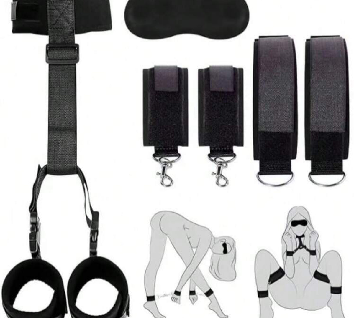 Conjunto com Algemas Ajustáveis, Tiras de Contenção e Venda - , Domínio e Exploração  para Casais Iniciantes ou Ousados