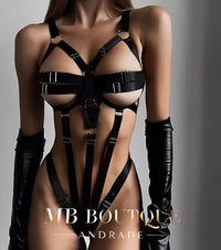 Body Dominatrix Preto - Harness Fetichista com Tiras Ajustáveis – Lingerie Sensual de Dominação e Impacto Visual