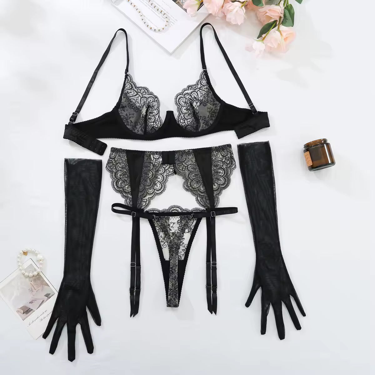 Conjunto Renda Transparente com Luvas – Luxo, Sedução e Sofisticação