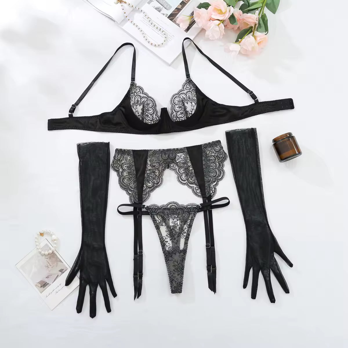Conjunto Renda Transparente com Luvas – Luxo, Sedução e Sofisticação