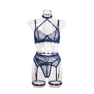 Lingerie Midnight Lace – Renda Preta com Harness e Cinta-Liga | Com Aro, Sem Bojo
