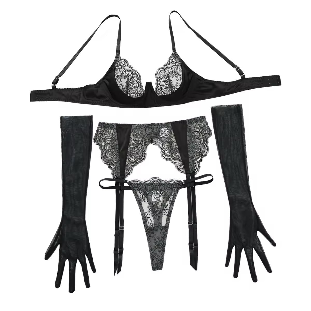 Conjunto Renda Transparente com Luvas – Luxo, Sedução e Sofisticação