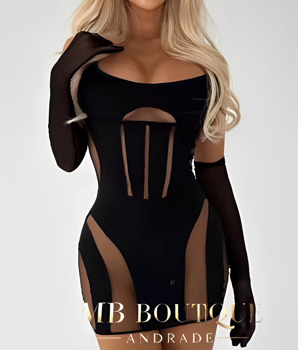 Vestido Black Hypnotic com Luvas – Recortes Sensuais e Ajuste Perfeito
