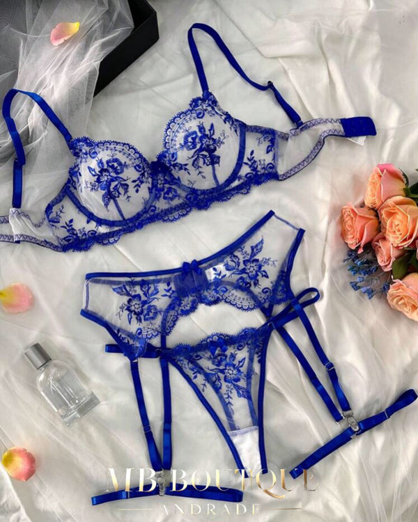 Conjunto Bordado Azul com Cinta Liga – Sofisticação e Exclusividade