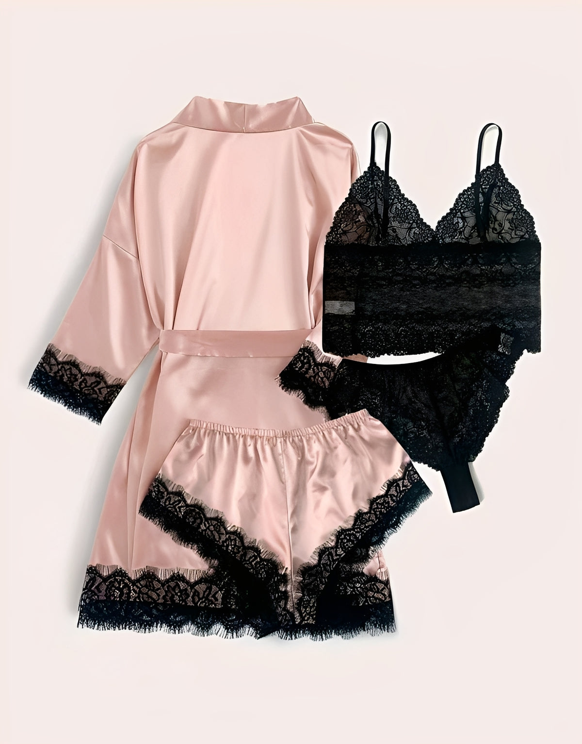 Kit Sensual Rosa 4 Peças de Cetim e Renda - Robe, Short, Top e Calcinha Preta P ao GG