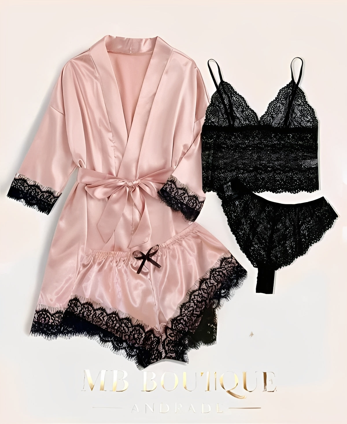 Kit Sensual Rosa 4 Peças de Cetim e Renda - Robe, Short, Top e Calcinha Preta P ao GG