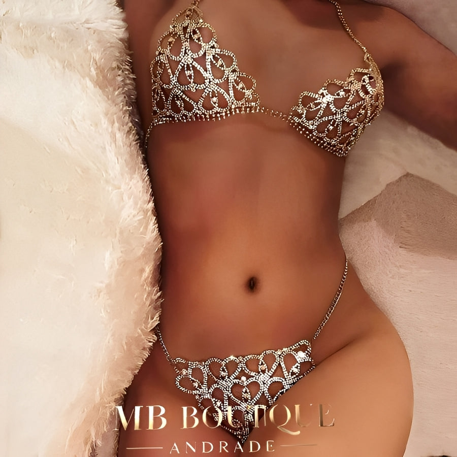 Conjunto com Strass - Sutiã e Calcinha (Prata ou Dourado)