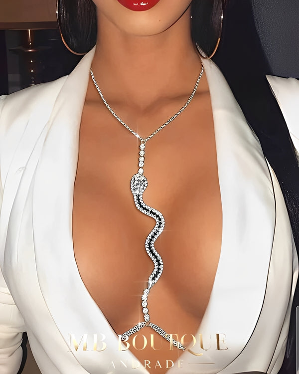 Colar Feminino Prata Serpente em Strass - Colar Longo Ajustável