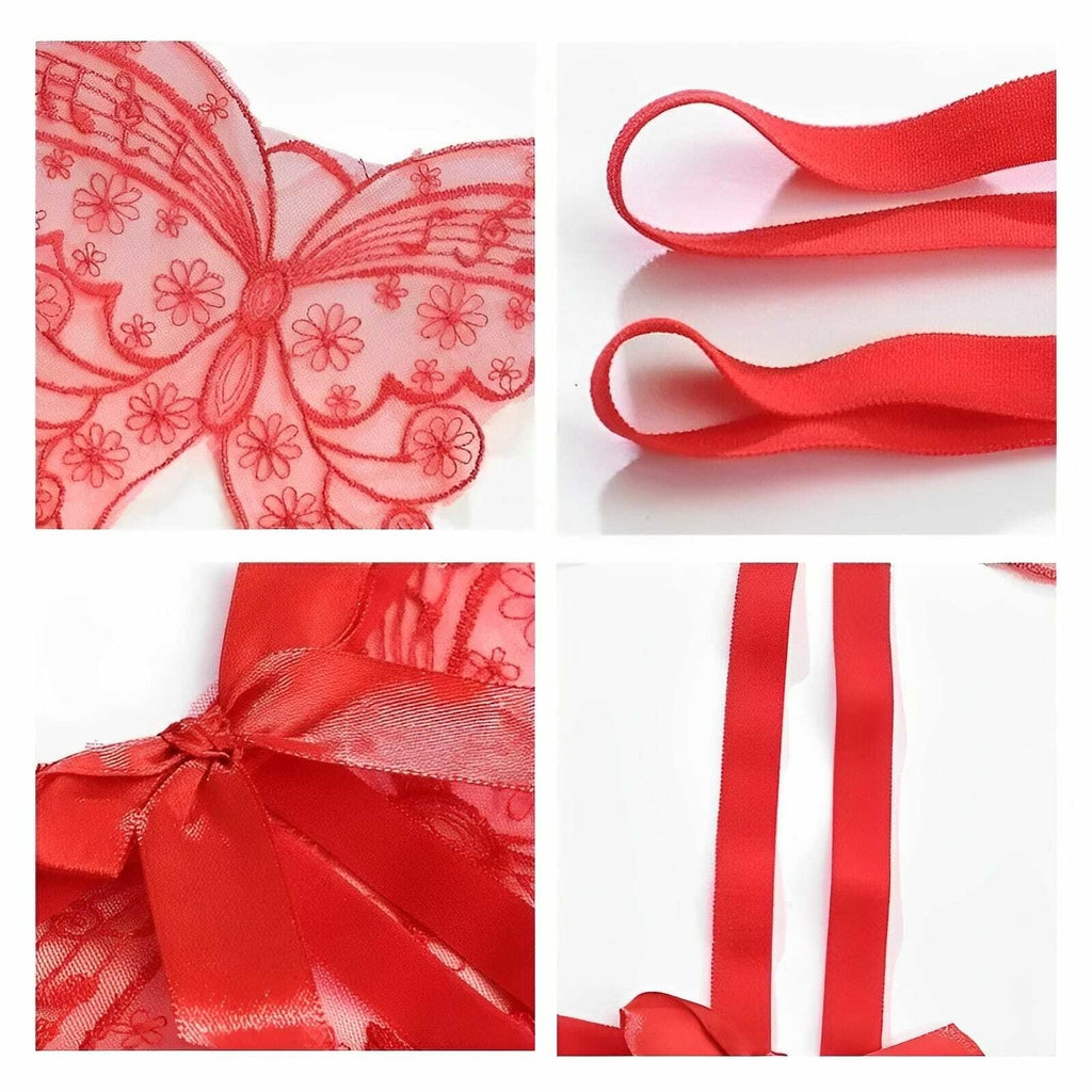 Calcinha sexy com abertura inferior com detalhes em laço e desenho em borboleta