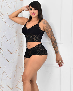 Camisola com calcinha fio dental e ligas de perna