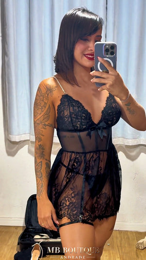 Camisola Sexy preta transparente - em Tule com Renda e Ligas de Perna