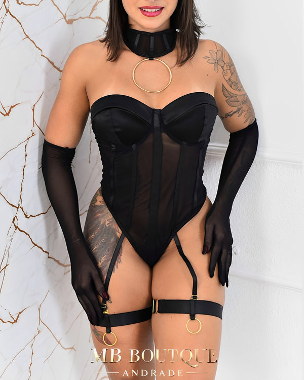 Body Dominique Noir com Gargantilha, Luvas e ligas de perna - P ao GG