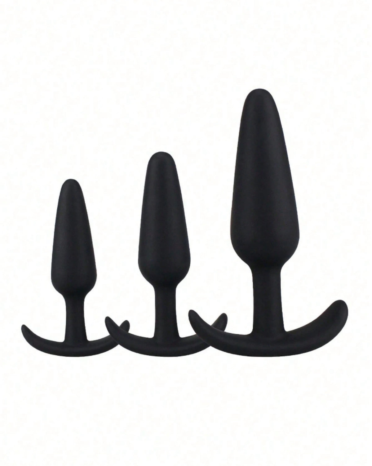 Plugs pretos de silicone com base em T, comparação dos três tamanhos