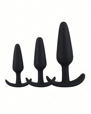 Plugs pretos de silicone com base em T, comparação dos três tamanhos