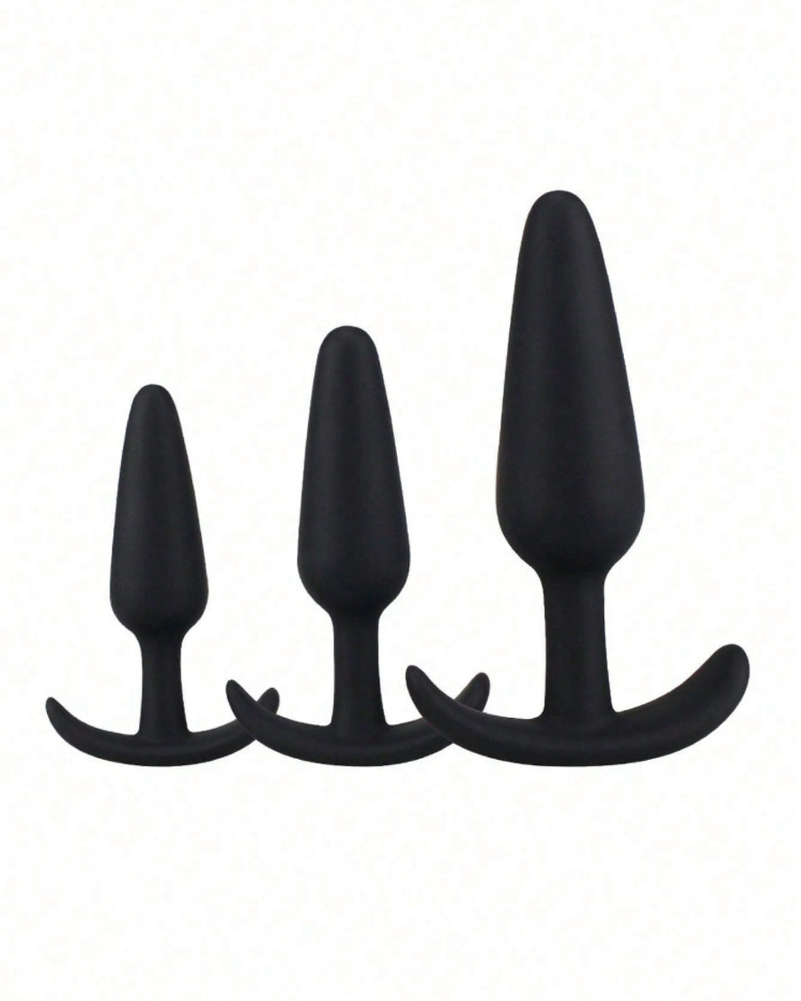 Plugs pretos de silicone com base em T, comparação dos três tamanhos