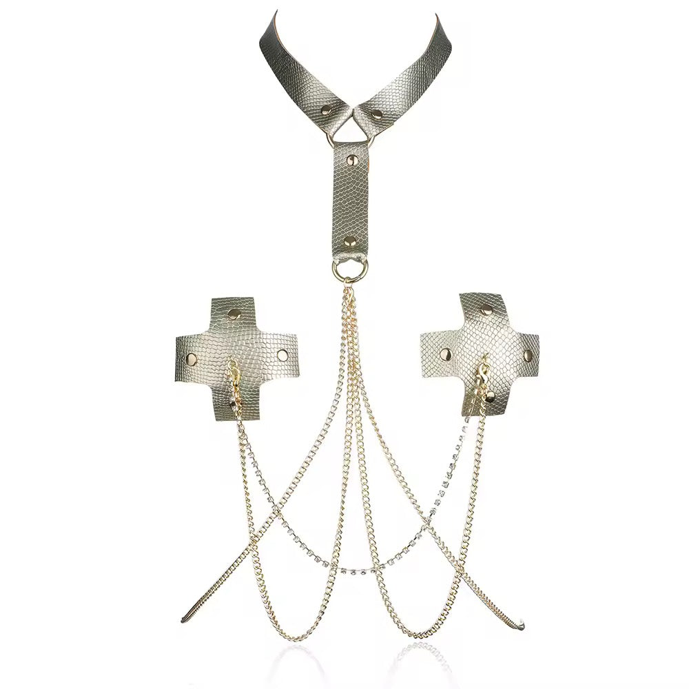Tapa-Seios Golden Cross com Coleira de Luxo - Sedução Dourada com Correntes