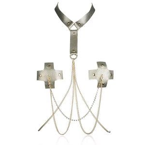 Tapa-Seios Golden Cross com Coleira de Luxo - Sedução Dourada com Correntes