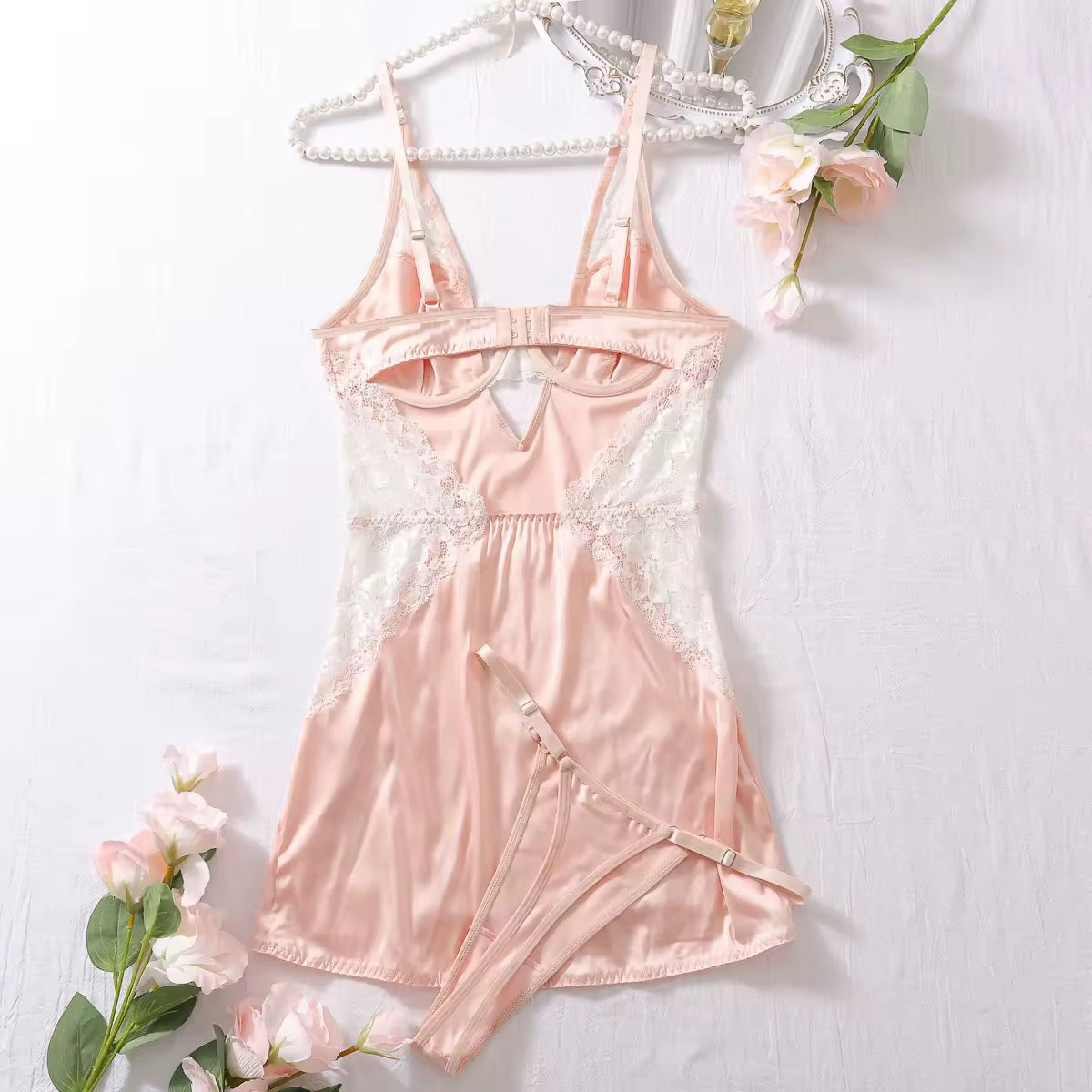 Camisola Rosé Angel - Acetinada com Renda e Detalhe Vazado