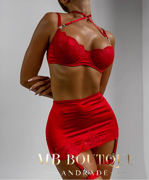 Lingerie Red Seduction - Com Saia de Cetim, Ligas e Fio Dental