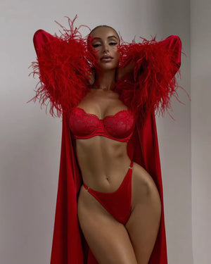 Lingerie Red Seduction - Com Saia de Cetim, Ligas e Fio Dental Regulável