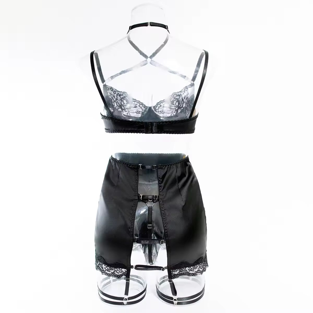Lingerie Red Seduction - Com Saia de Cetim, Ligas e Fio Dental Regulável