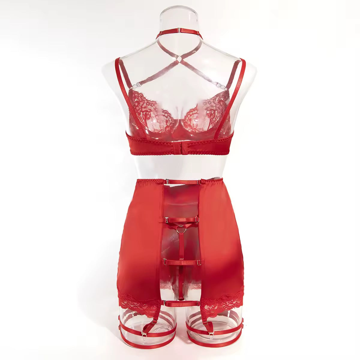 Lingerie Red Seduction - Com Saia de Cetim, Ligas e Fio Dental Regulável