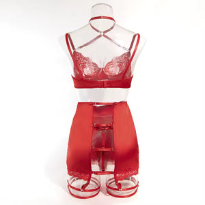 Lingerie Red Seduction - Com Saia de Cetim, Ligas e Fio Dental Regulável