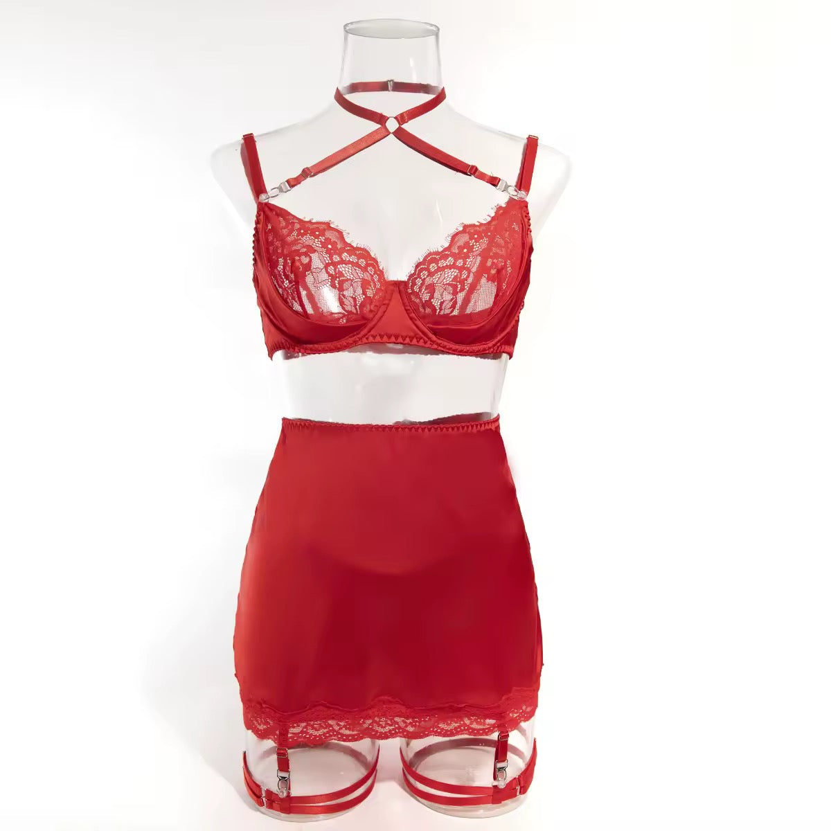 Lingerie Red Seduction - Com Saia de Cetim, Ligas e Fio Dental Regulável