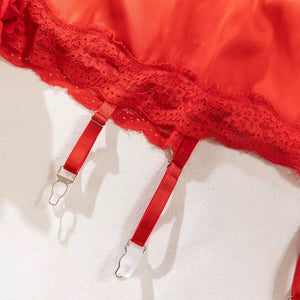 Lingerie Red Seduction - Com Saia de Cetim, Ligas e Fio Dental Regulável