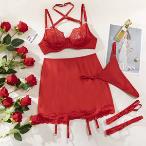 Lingerie Red Seduction - Com Saia de Cetim, Ligas e Fio Dental Regulável