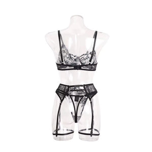 Lingerie Black Secret - Renda Floral com Strappy e Cinta-Liga