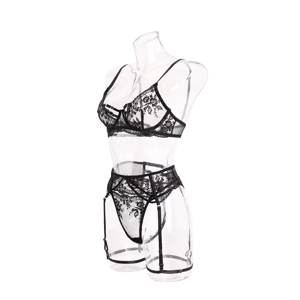 Lingerie Black Secret - Renda Floral com Strappy e Cinta-Liga