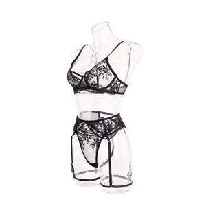 Lingerie Black Secret - Renda Floral com Strappy e Cinta-Liga