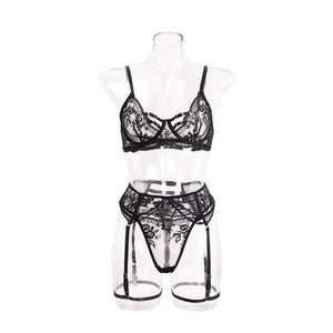 Lingerie Black Secret - Renda Floral com Strappy e Cinta-Liga