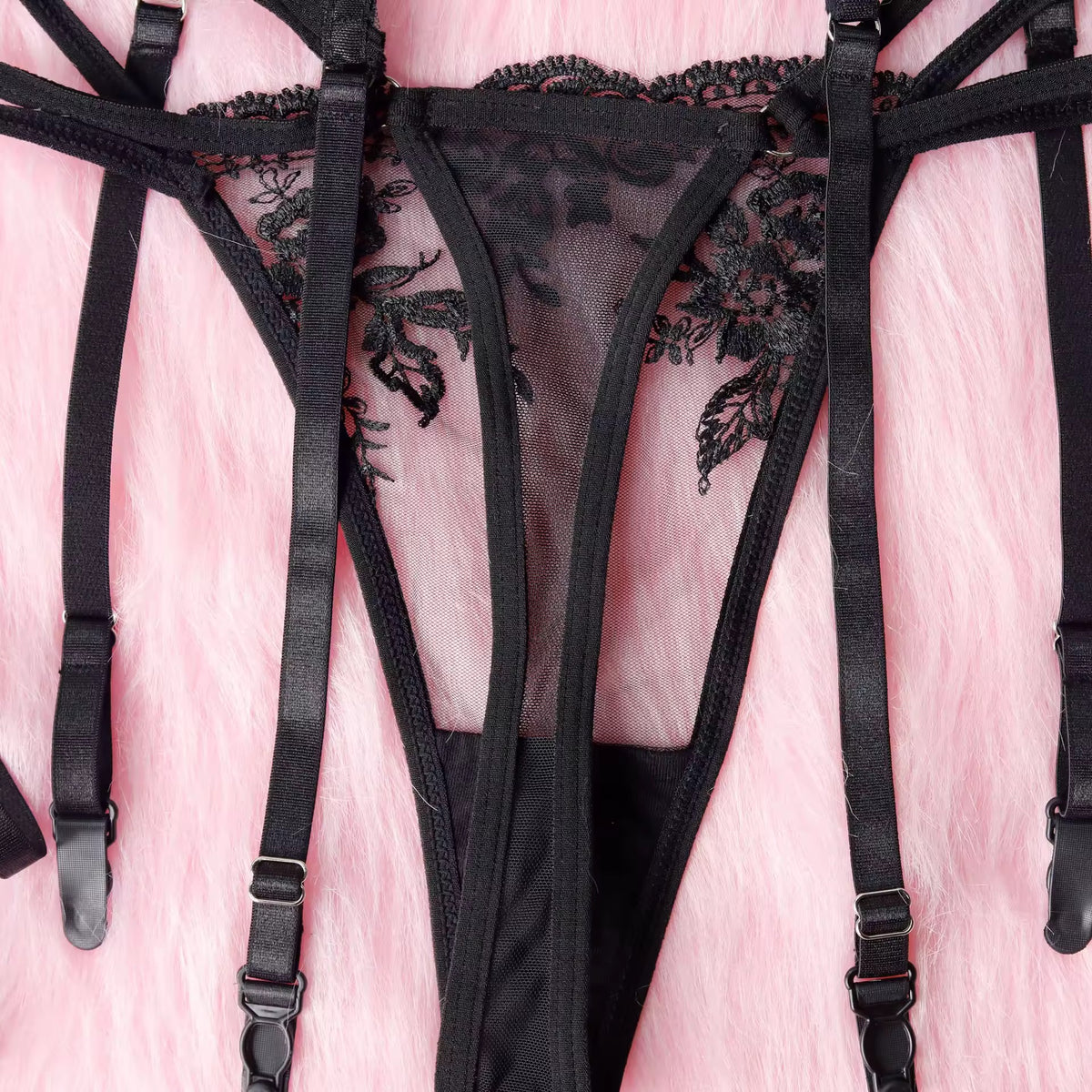 Lingerie Black Secret - Renda Floral com Strappy e Cinta-Liga