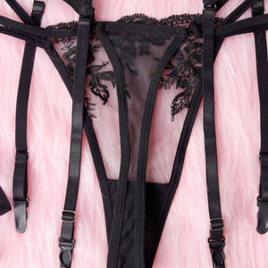 Lingerie Black Secret - Renda Floral com Strappy e Cinta-Liga