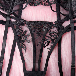 Lingerie Black Secret - Renda Floral com Strappy e Cinta-Liga