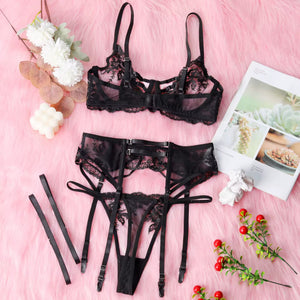 Lingerie Black Secret - Renda Floral com Strappy e Cinta-Liga