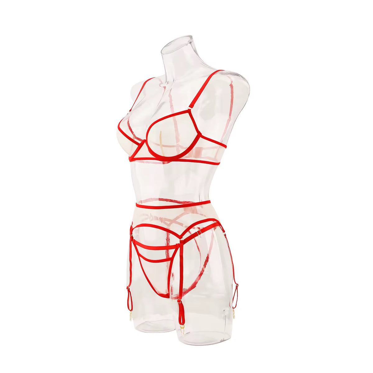 Lingerie Red Desire Transparente - Com Cinta-Liga e Luvas