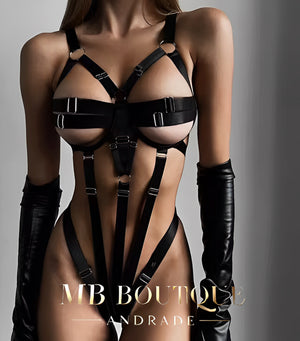 Body Dominatrix Preto - Harness Fetichista com Tiras Ajustáveis