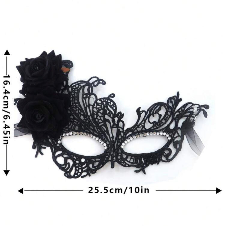 Máscara Borboleta Black Luxo com Cristais e Rosas Laterais