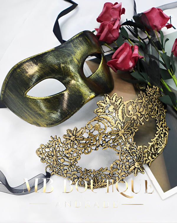 Kit Máscaras Duo Fantasia - Máscara Masculina + Feminina Dourada