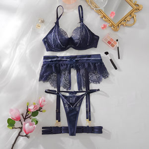 Lingerie Azul Noite com Cinta-Liga - Brilho e mistério em um só visual