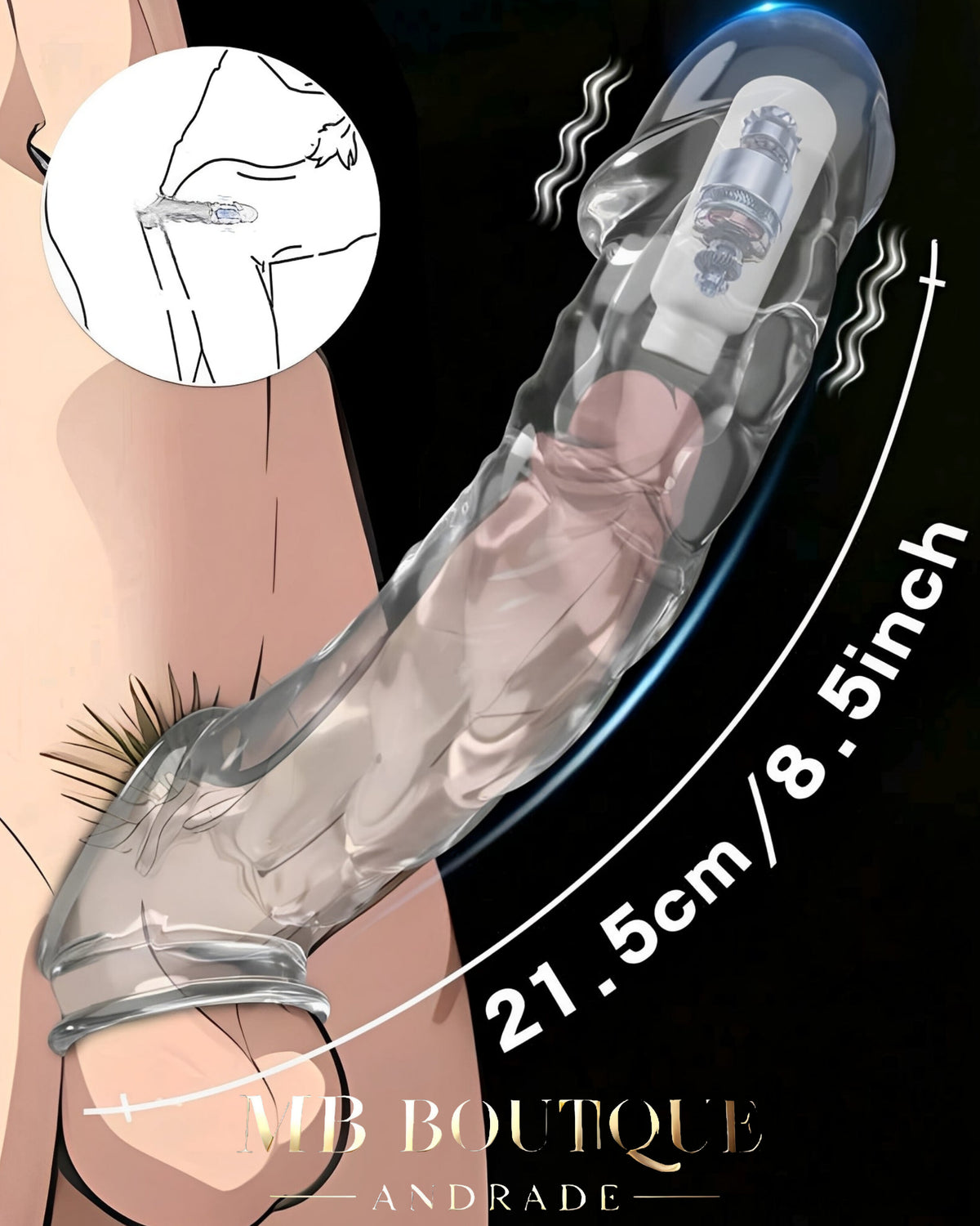 Extensor transparente com anel na base e indicação de comprimento