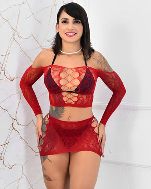 Conjunto Vermelho em Arrastão com Blusa e Minissaia