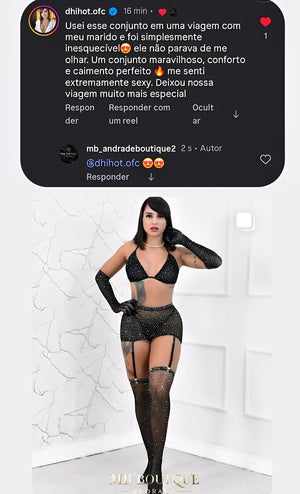 Conjunto Sensual Preto com Brilho e Strass - Inclui Meia 7/8, Top, Calcinha, Saia e Luvas