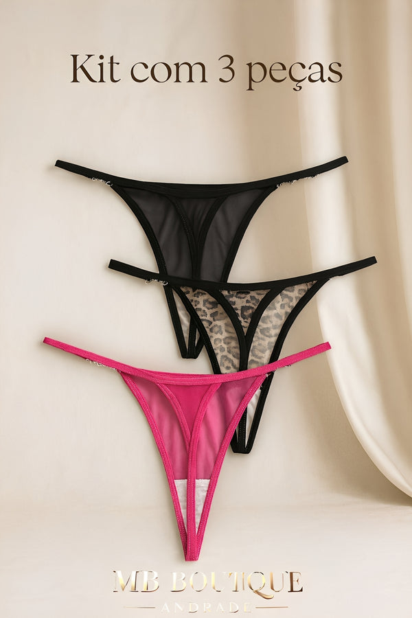Kit com 3 Calcinhas Fio Dental em Tule e Animal Print com Detalhe