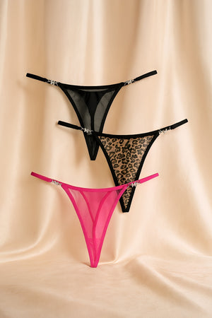 Kit com 3 Calcinhas Fio Dental em Tule e Animal Print com Detalhe Borboleta - P ao GG
